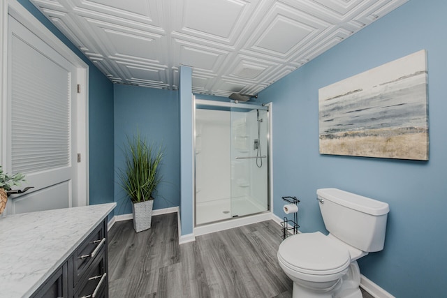 7532 Dell Rd, Saline, MI 48176 - full bathroom featuring a shower stall, wood finished floors, vanity, and an ornate ceiling
