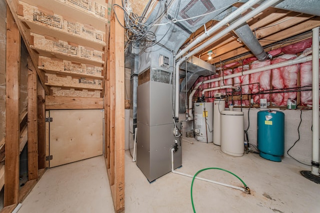7532 Dell Rd, Saline, MI 48176 - unfinished basement with a water pressure tank, gas water heater, a water softener system, and heating unit
