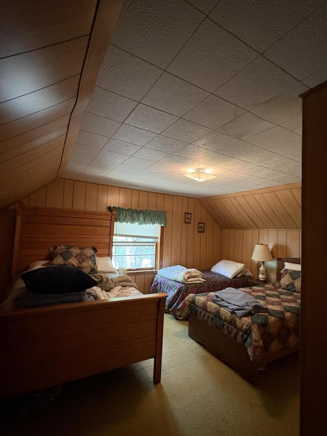 22347 5 Mile Rd, Morley, MI 49336 - carpeted bedroom featuring lofted ceiling and wood walls