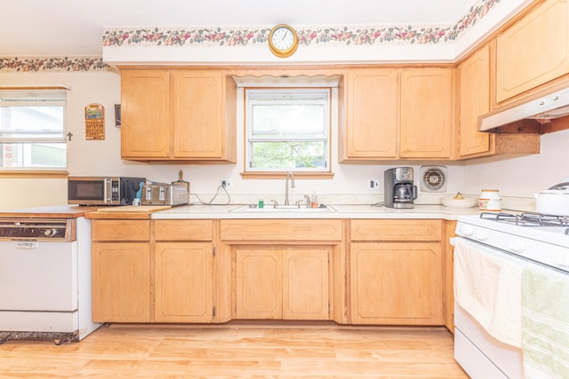 2707 Brandywine Dr, Ann Arbor, MI 48104 - kitchen featuring white appliances, light brown cabinetry, light countertops, and light wood-style flooring