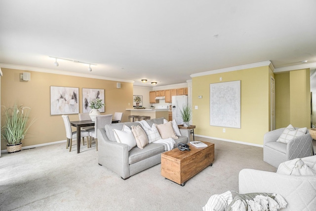 2756 Barclay Way, Ann Arbor, MI 48105 - living room with light colored carpet, crown molding, and track lighting
