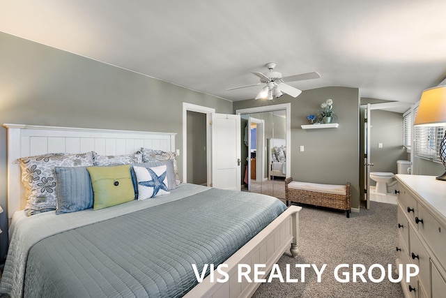 537 Buena Vista Dr, Spring Lake, MI 49456 - bedroom featuring lofted ceiling, carpet flooring, a ceiling fan, a closet, and connected bathroom