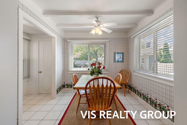 537 Buena Vista Dr, Spring Lake, MI 49456 - dining area featuring beam ceiling, wallpapered walls, light tile patterned floors, plenty of natural light, and ceiling fan