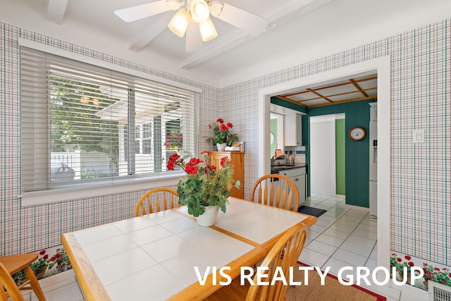 537 Buena Vista Dr, Spring Lake, MI 49456 - dining room featuring beam ceiling, wallpapered walls, plenty of natural light, light tile patterned floors, and a ceiling fan