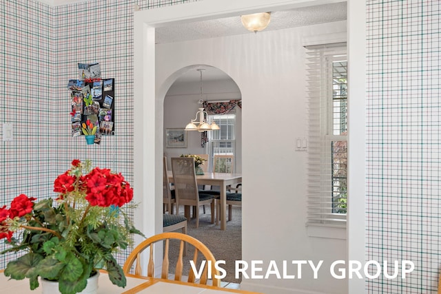 537 Buena Vista Dr, Spring Lake, MI 49456 - hall with a chandelier, arched walkways, carpet, and a textured ceiling