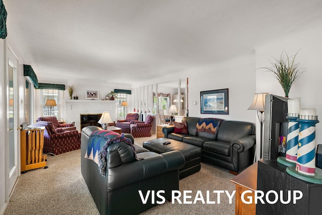 537 Buena Vista Dr, Spring Lake, MI 49456 - living room featuring carpet floors and a brick fireplace