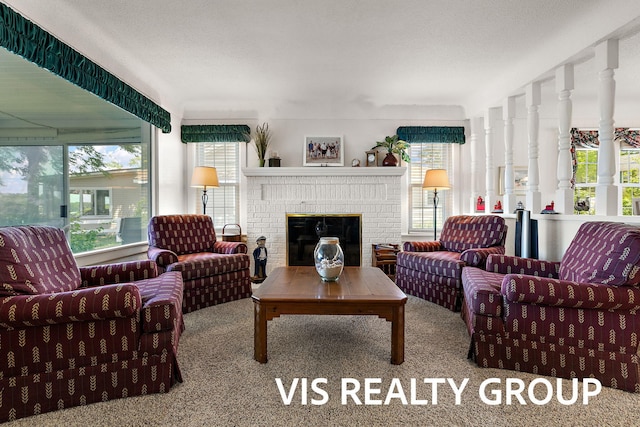 537 Buena Vista Dr, Spring Lake, MI 49456 - living area featuring carpet floors, plenty of natural light, and a fireplace