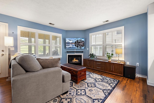 1734 Weatherstone Dr, Ann Arbor, MI 48108 - living room featuring healthy amount of natural light, dark wood-type flooring, a glass covered fireplace, and a textured ceiling