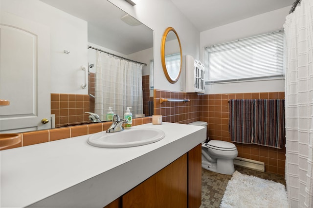 1534 Barrington Pl, Ann Arbor, MI 48103 - bathroom featuring vanity, tile walls, a baseboard heating unit, wainscoting, and a shower with curtain