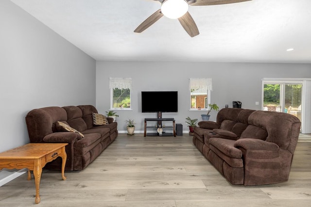 23103 13 Mile Rd, Big Rapids, MI 49307 - living room featuring a ceiling fan, light wood-style flooring, and recessed lighting