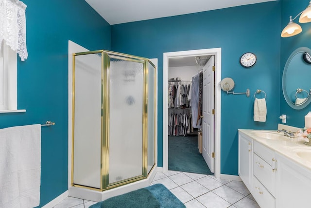 23103 13 Mile Rd, Big Rapids, MI 49307 - full bath featuring a shower stall, double vanity, tile patterned flooring, and a spacious closet