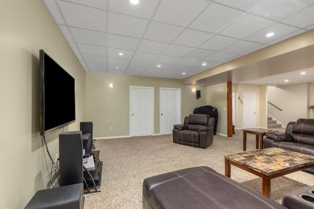 23103 13 Mile Rd, Big Rapids, MI 49307 - carpeted living room with a drop ceiling, stairway, and recessed lighting