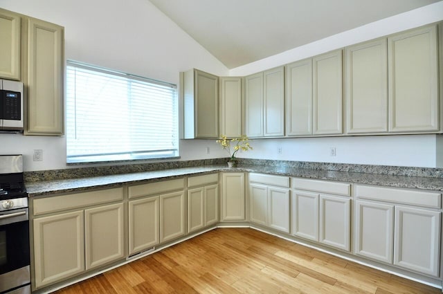 2019 Chalmers Dr, Ann Arbor, MI 48104 - kitchen with appliances with stainless steel finishes, lofted ceiling, healthy amount of natural light, light wood-style flooring, and dark stone counters