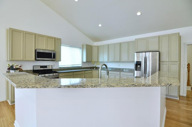 2019 Chalmers Dr, Ann Arbor, MI 48104 - kitchen featuring appliances with stainless steel finishes, vaulted ceiling, light wood-type flooring, recessed lighting, and light stone countertops