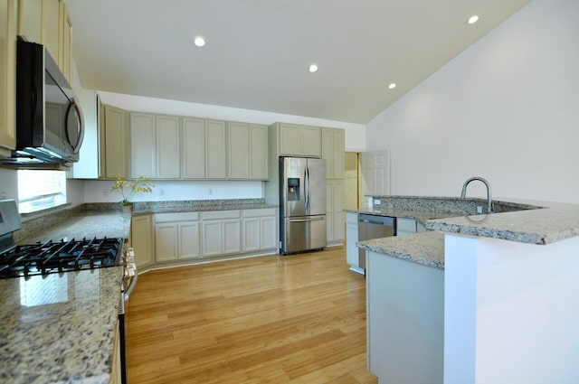 2019 Chalmers Dr, Ann Arbor, MI 48104 - kitchen featuring appliances with stainless steel finishes, light wood-style floors, recessed lighting, vaulted ceiling, and light stone counters