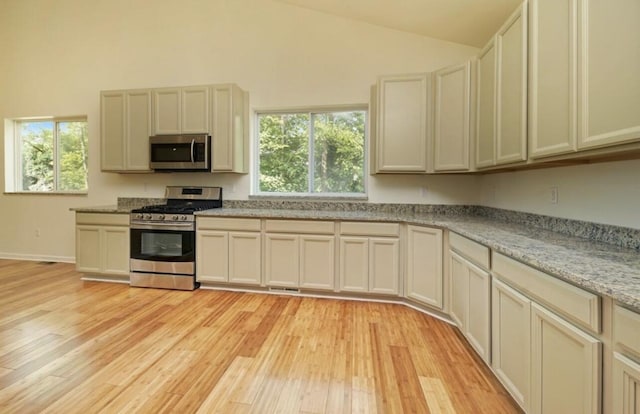 2019 Chalmers Dr, Ann Arbor, MI 48104 - kitchen with stainless steel appliances, light wood-style flooring, healthy amount of natural light, high vaulted ceiling, and light stone counters
