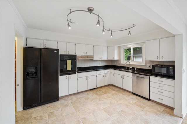 2010 Brampton Ct, Ann Arbor, MI 48103 - kitchen featuring black appliances, dark countertops, under cabinet range hood, white cabinets, and decorative backsplash
