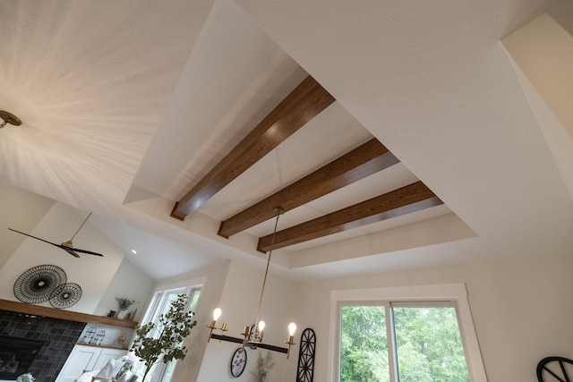 1717 Toscana St, Kalamazoo, MI 49009 - detailed view of a tile fireplace and beamed ceiling