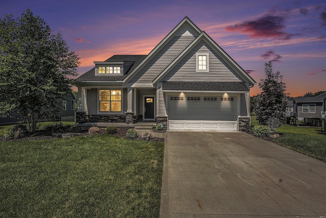8275 Woodhaven Dr SW, Byron Center, MI 49315 - craftsman-style home featuring stone siding, concrete driveway, a lawn, and a porch