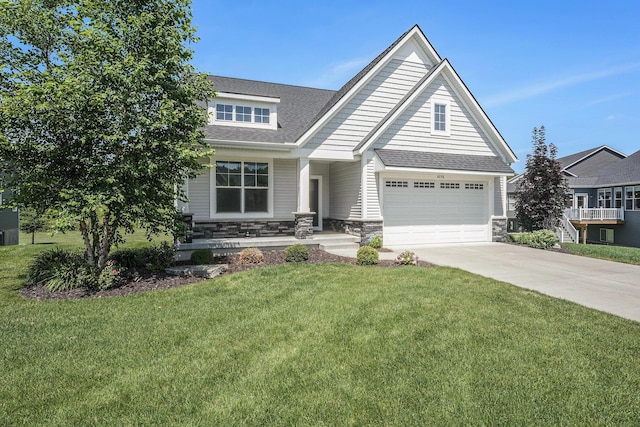8275 Woodhaven Dr SW, Byron Center, MI 49315 - craftsman inspired home featuring stone siding, driveway, a front yard, roof with shingles, and a garage