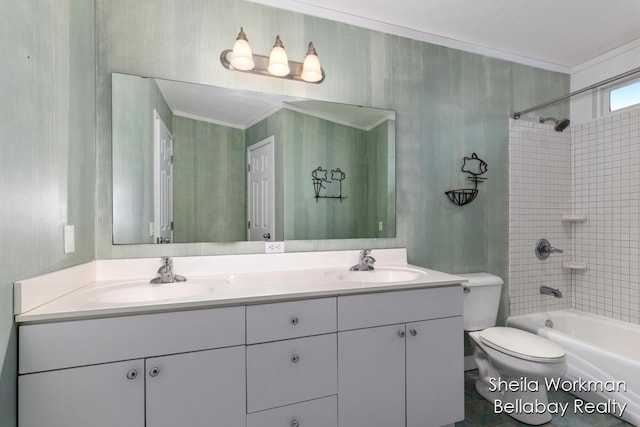 1932 Buehler Rd, Hastings, MI 49058 - bathroom with double vanity, shower / tub combination, and ornamental molding