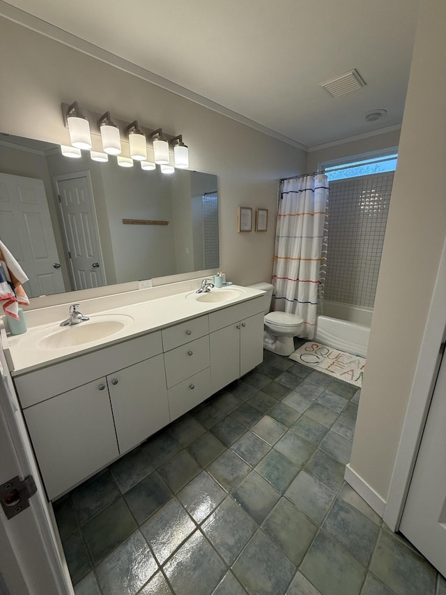 1932 Buehler Rd, Hastings, MI 49058 - bathroom with double vanity, shower / bathtub combination with curtain, and crown molding