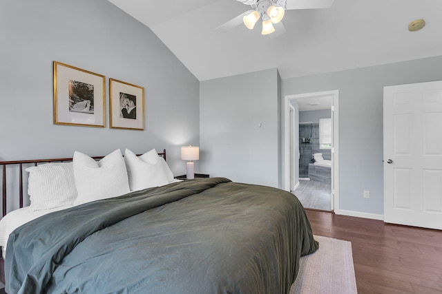 9430 Island Lake Rd, Dexter, MI 48130 - bedroom featuring wood finished floors, lofted ceiling, a ceiling fan, and ensuite bath