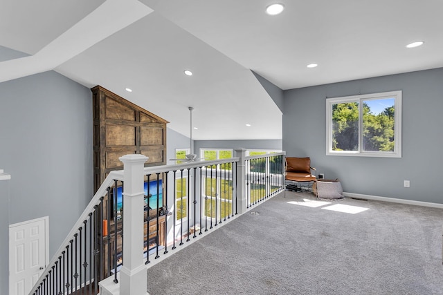 9430 Island Lake Rd, Dexter, MI 48130 - living area featuring carpet, recessed lighting, an upstairs landing, and vaulted ceiling