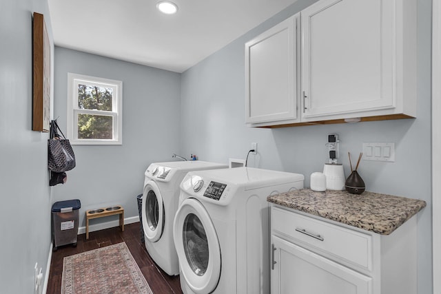 9430 Island Lake Rd, Dexter, MI 48130 - laundry area with cabinet space, washer and dryer, dark wood-type flooring, and recessed lighting