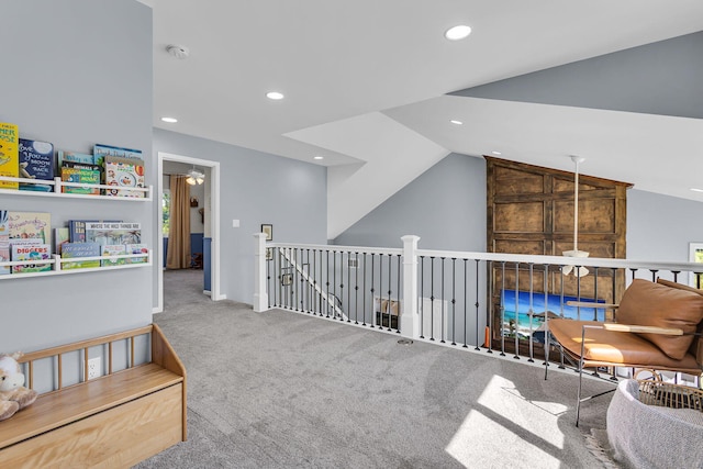 9430 Island Lake Rd, Dexter, MI 48130 - hallway with carpet flooring, recessed lighting, an upstairs landing, and lofted ceiling