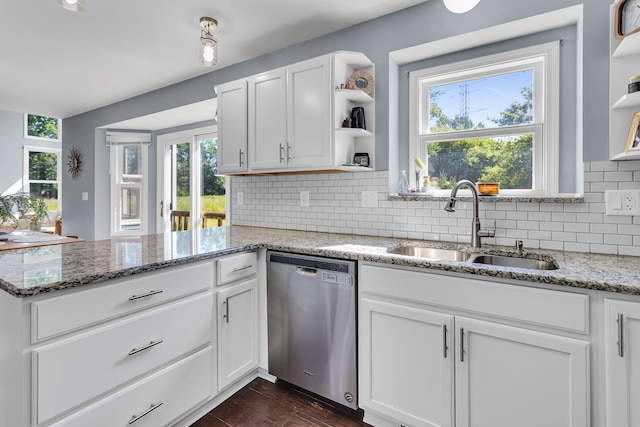 9430 Island Lake Rd, Dexter, MI 48130 - kitchen with dishwasher, open shelves, a peninsula, and white cabinetry