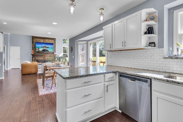 9430 Island Lake Rd, Dexter, MI 48130 - kitchen featuring stainless steel dishwasher, open shelves, a peninsula, white cabinetry, and backsplash