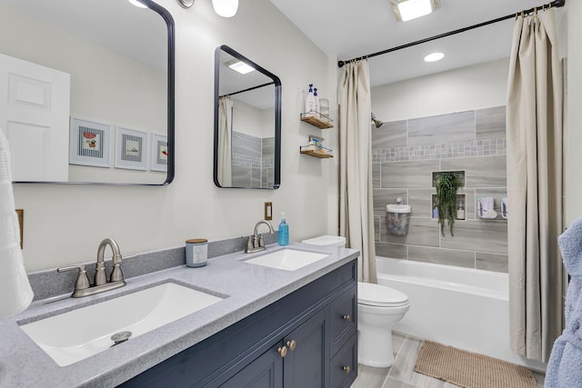 9430 Island Lake Rd, Dexter, MI 48130 - bathroom with shower / bath combination with curtain, double vanity, and recessed lighting