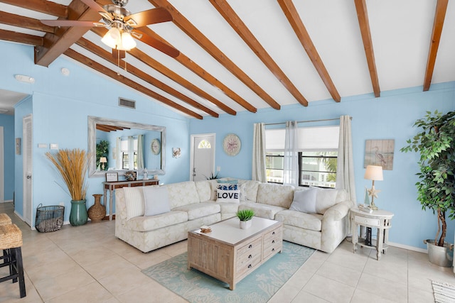 699 116th St, Ocean, Marathon, FL 33050 - living room featuring light tile patterned floors, ceiling fan, vaulted ceiling with beams, a healthy amount of sunlight, and visible vents