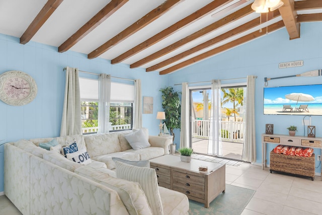 699 116th St, Ocean, Marathon, FL 33050 - living area with light tile patterned floors and vaulted ceiling with beams