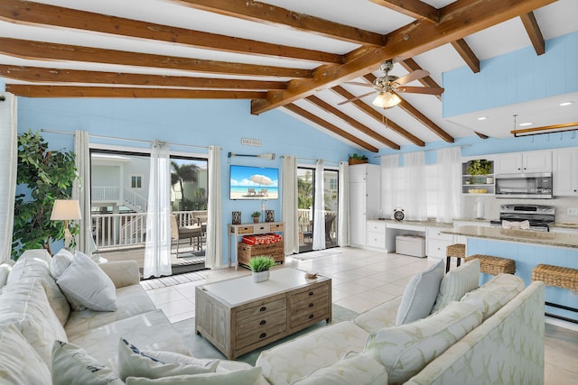 699 116th St, Ocean, Marathon, FL 33050 - living room featuring light tile patterned floors, ceiling fan, and lofted ceiling with beams