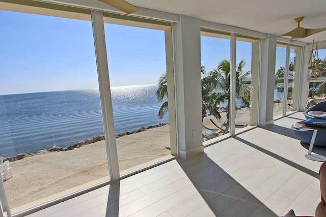 entryway with hardwood / wood-style floors, a water view, a wealth of natural light, and a wall of windows
