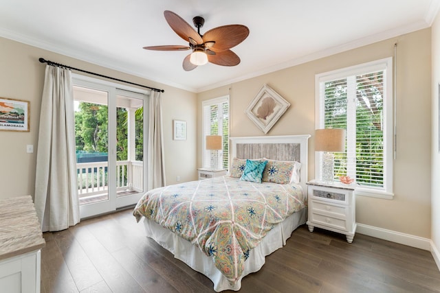 81250 Overseas Hwy Unit 1, Islamorada, FL 33036 - bedroom with access to exterior, multiple windows, dark wood-style floors, ornamental molding, and ceiling fan