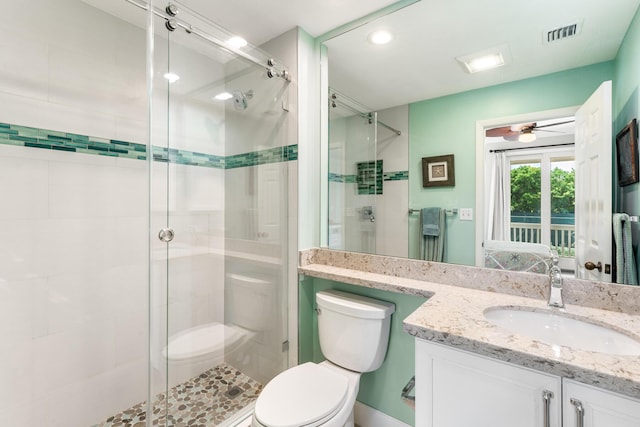 81250 Overseas Hwy Unit 1, Islamorada, FL 33036 - bathroom with ensuite bath, a stall shower, vanity, recessed lighting, and ceiling fan