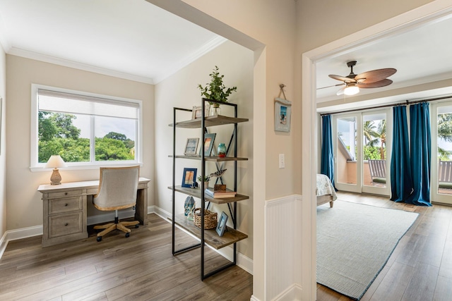 81250 Overseas Hwy Unit 1, Islamorada, FL 33036 - office with ornamental molding, wood finished floors, and ceiling fan