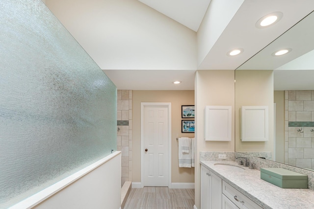 81250 Overseas Hwy Unit 1, Islamorada, FL 33036 - bathroom featuring walk in shower, vanity, and recessed lighting