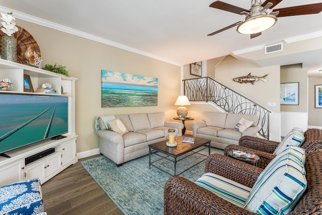 81250 Overseas Hwy Unit 1, Islamorada, FL 33036 - living area featuring ornamental molding, dark wood-style flooring, stairway, and a ceiling fan