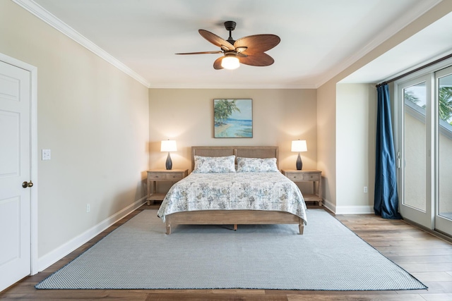 81250 Overseas Hwy Unit 1, Islamorada, FL 33036 - bedroom featuring crown molding, wood finished floors, access to exterior, and ceiling fan