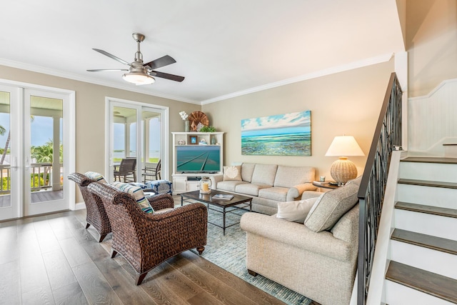 81250 Overseas Hwy Unit 1, Islamorada, FL 33036 - living area featuring ceiling fan, wood finished floors, stairs, crown molding, and french doors