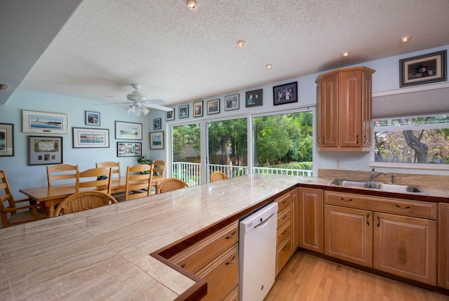 87950 Overseas Hwy, Islamorada, FL 33036 - kitchen featuring dishwasher, a sink, a textured ceiling, ceiling fan, and light wood finished floors