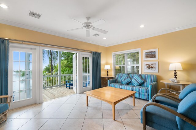 2600 Overseas Hwy Unit 87, Marathon, FL 33050 - tiled living room with french doors, ceiling fan, and ornamental molding