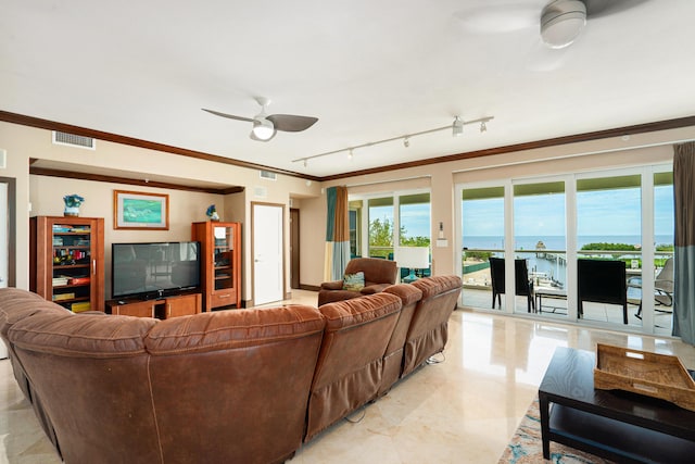 97501 Overseas Hwy Unit 131, Key Largo, FL 33037 - living area featuring ceiling fan, ornamental molding, rail lighting, and light marble finish flooring