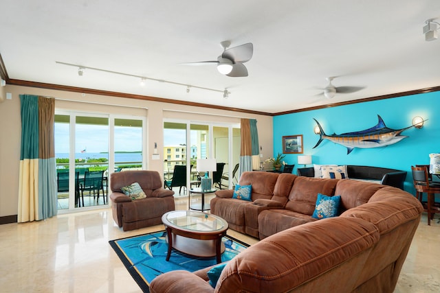 97501 Overseas Hwy Unit 131, Key Largo, FL 33037 - living room with crown molding, track lighting, and a ceiling fan