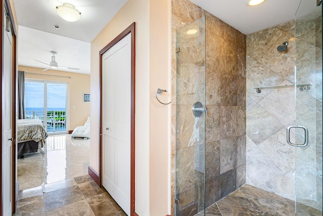 97501 Overseas Hwy Unit 131, Key Largo, FL 33037 - bathroom featuring a shower stall, connected bathroom, and ceiling fan