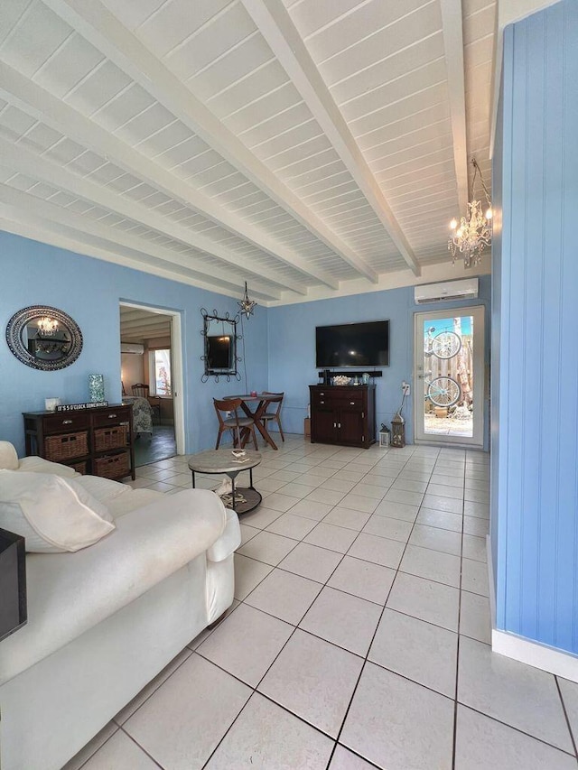 40 Pirates Dr, Key Largo, FL 33037 - bedroom with a chandelier, beamed ceiling, light tile patterned floors, a wall mounted AC, and multiple windows